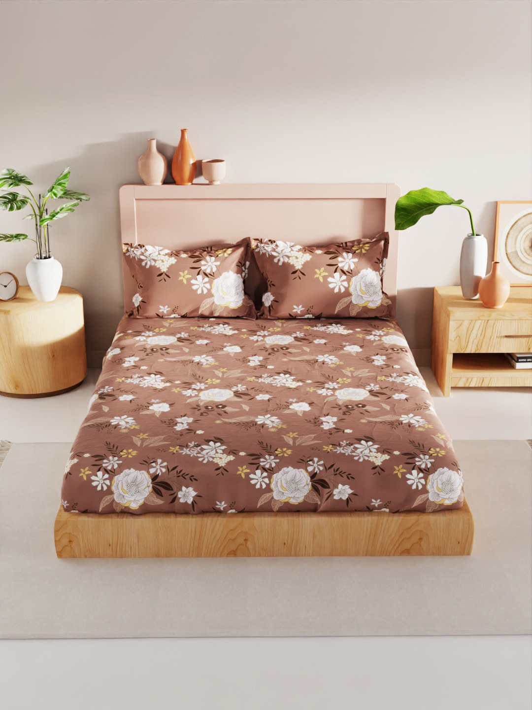 BIANCA Brown & White Floral 186 TC King Bedsheet with 2 Pillow Covers | Grocsy