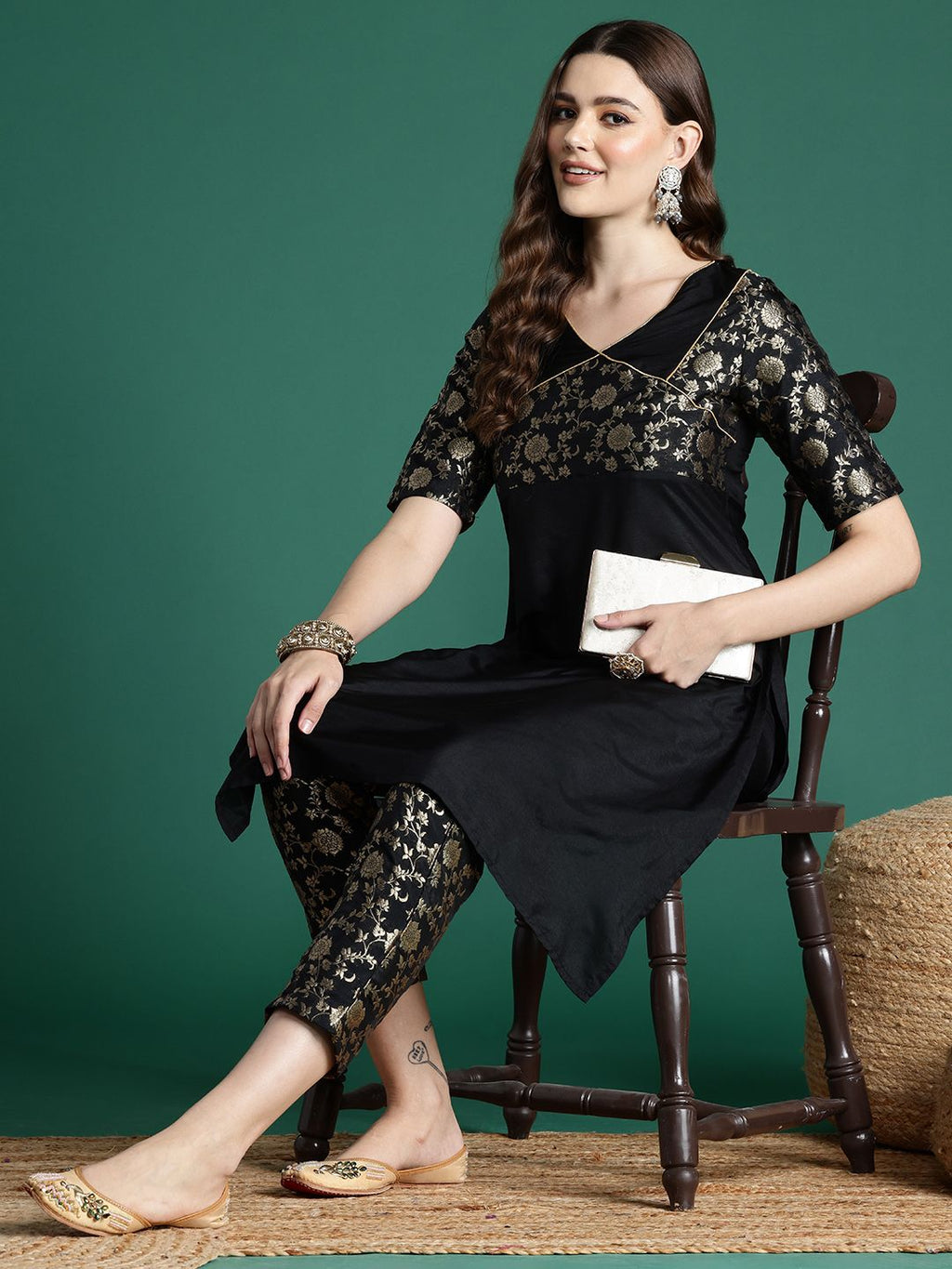 Sangria Floral Woven Designed Straight Kurta Set | Grocsy
