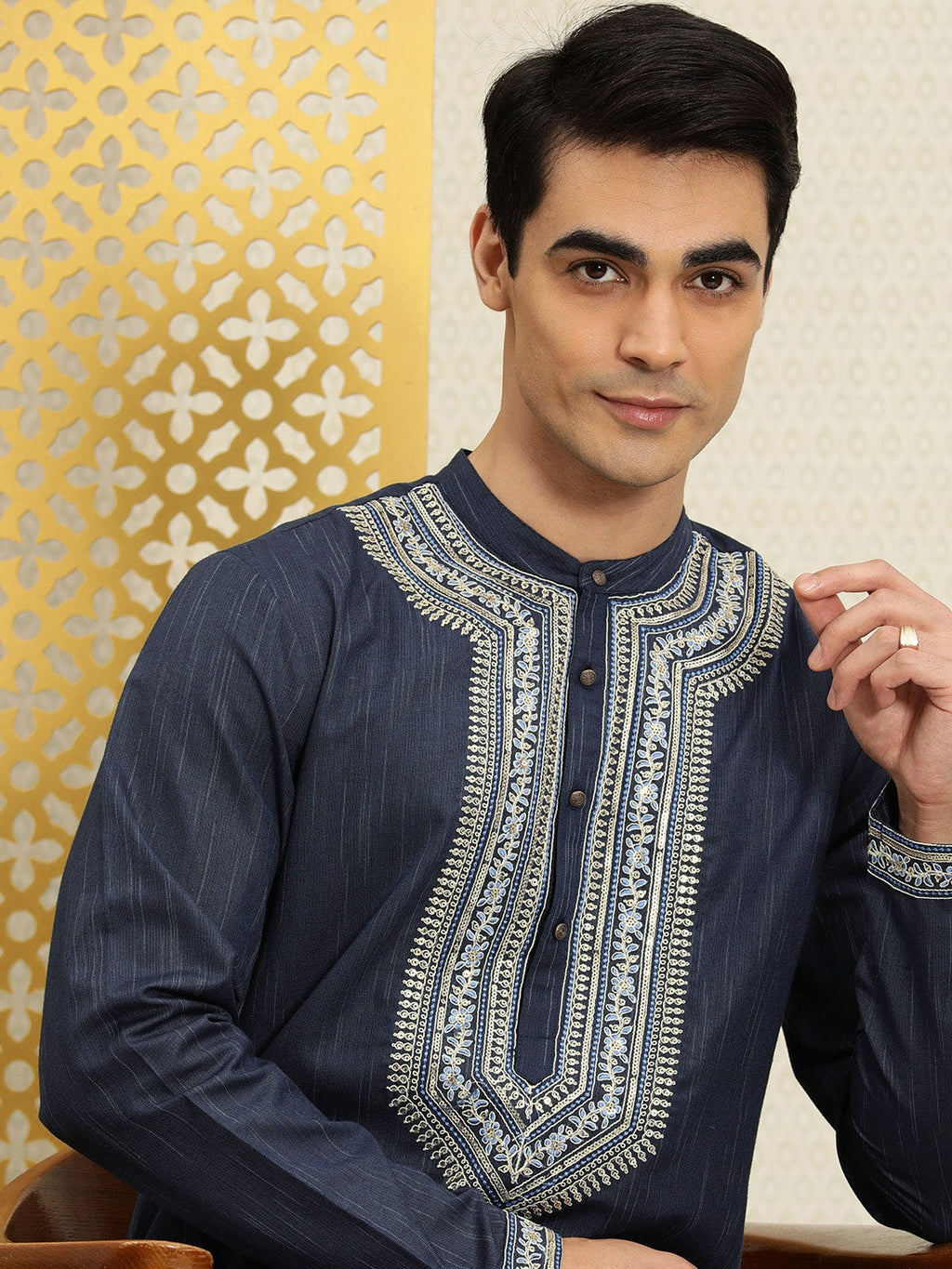 House of Pataudi Men Navy Blue Embroidered Striped Pattern Jashn Kurta | Grocsy