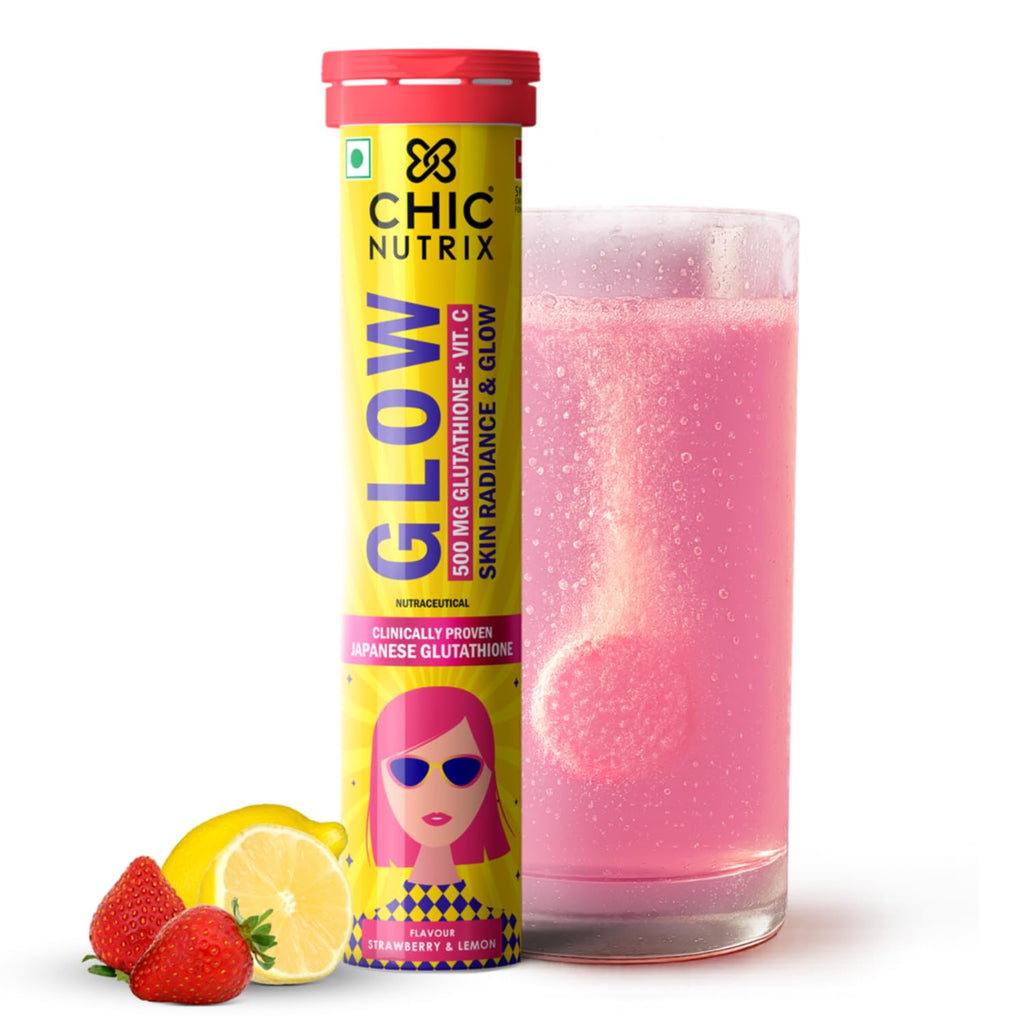 Chicnutrix Glow 500mg Effervescent Tablets - Strawberry & Lemon Flavor, For Glow & Radiance Skin | Grocsy