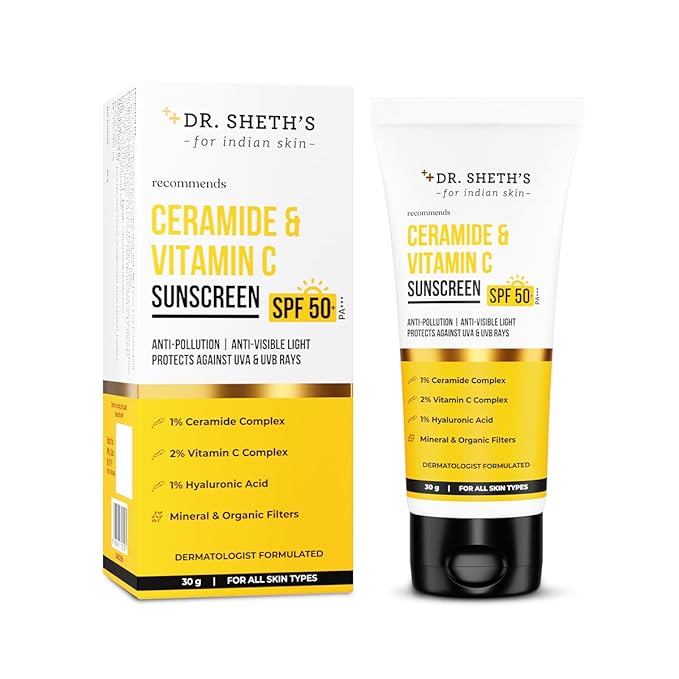Dr. Sheth's Ceramide & Vitamin C Sunscreen SPF 50+ PA+++ UVA UVB Sun Protection, For All Skin Types | Grocsy