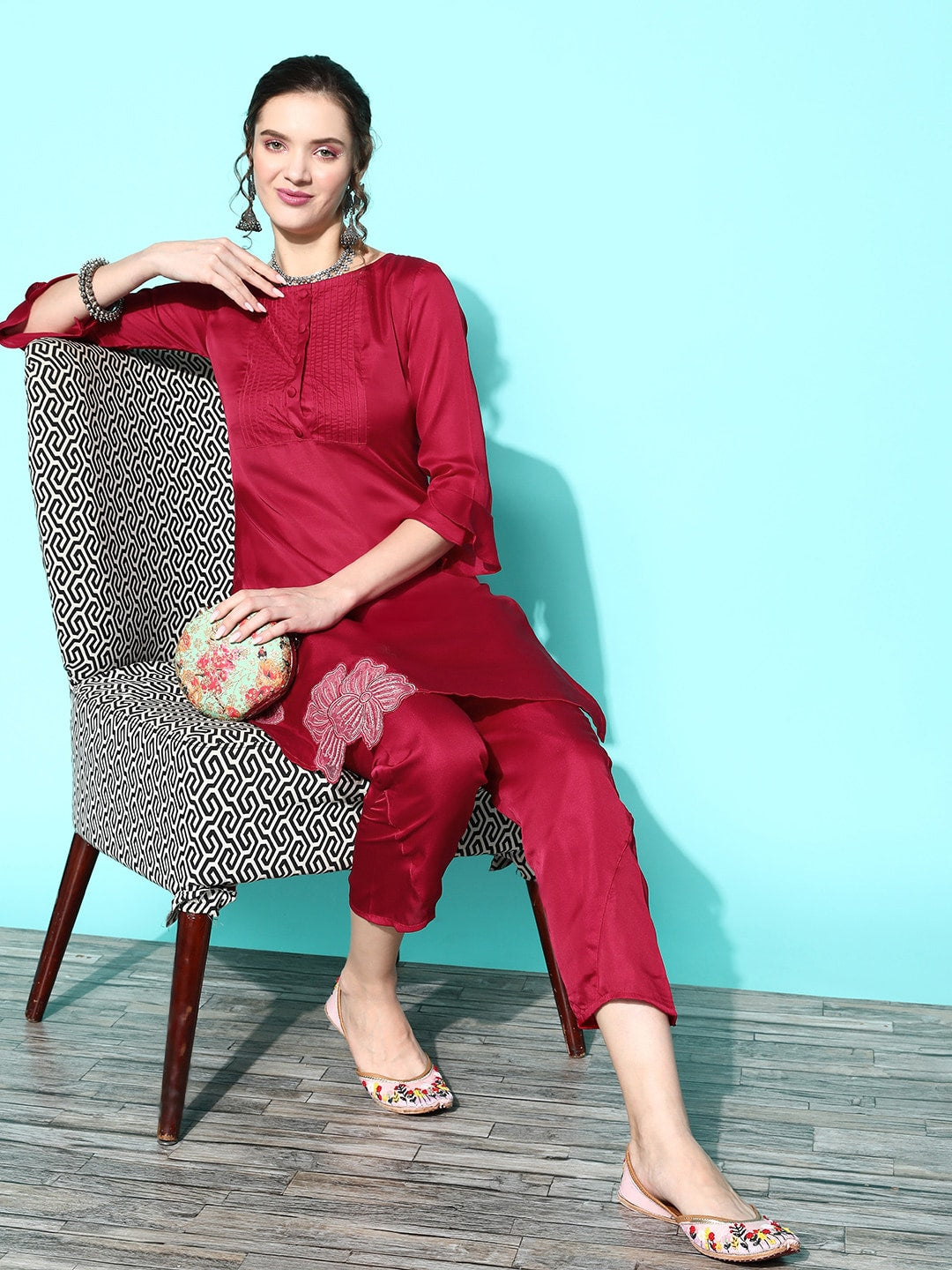 Sangria Women Floral Embroidered Patchwork Kurta with Trousers | Grocsy