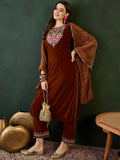 Sangria Embroidered Velvet Kurta & Trousers with Dupatta | Grocsy
