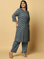 Sztori Plus Size Floral Printed Pure Cotton Straight Kurta With Trouser | Grocsy