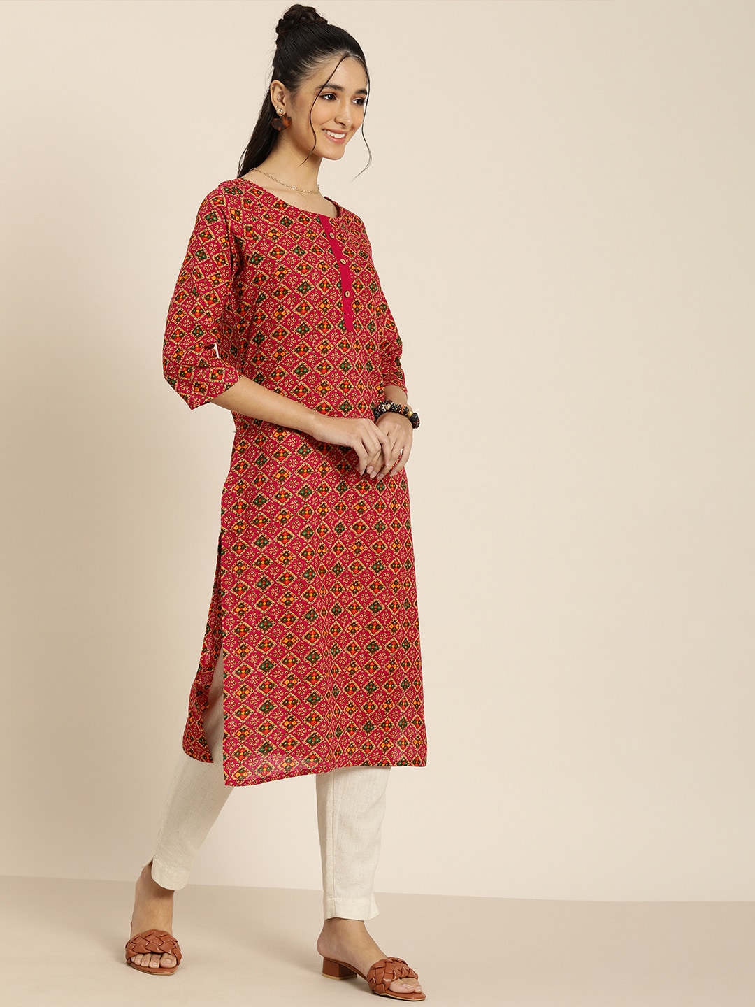 Sangria Women Pink & Green Pure Cotton Bandhani Printed Kurta | Grocsy