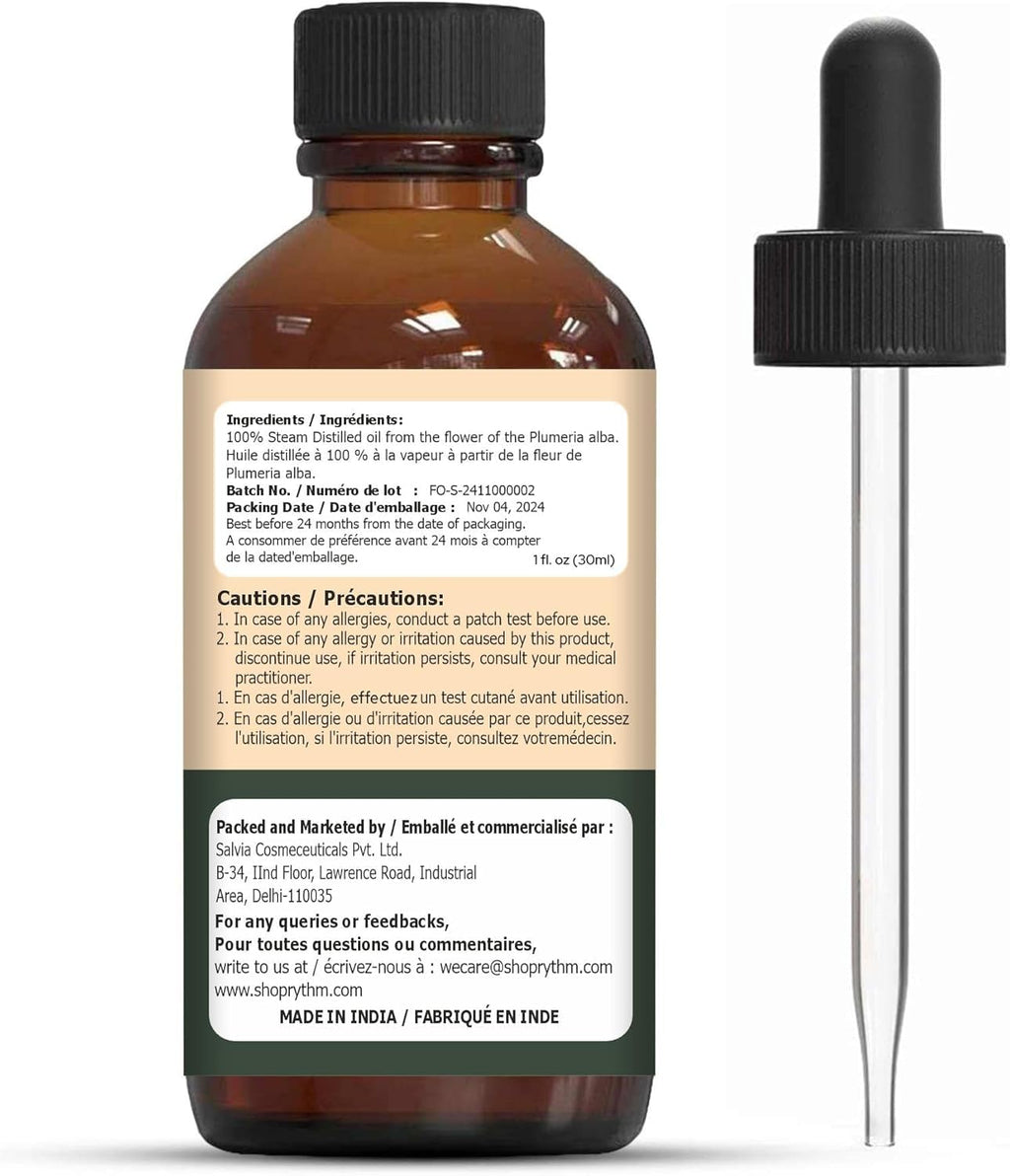 Organic Zing Frangipani (Plumeria alba) Oil | Pure & Natural Essential Oil for Skincare, Massage, Aroma & Diffuser | Grocsy