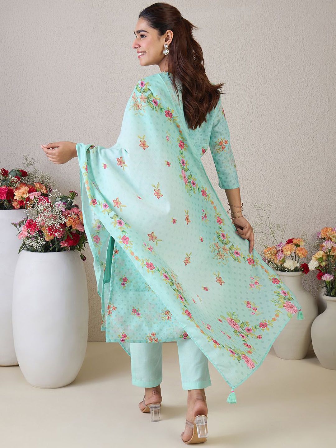 Indo Era Women Floral Embroidered Thread Work Linen Kurta with Trousers & With Dupatta | Grocsy