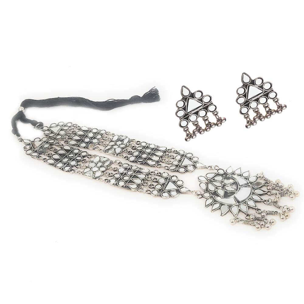 Silver-Plated Alloy Long Kundan Studded Silver Oxidised Necklace - The Pari | Grocsy
