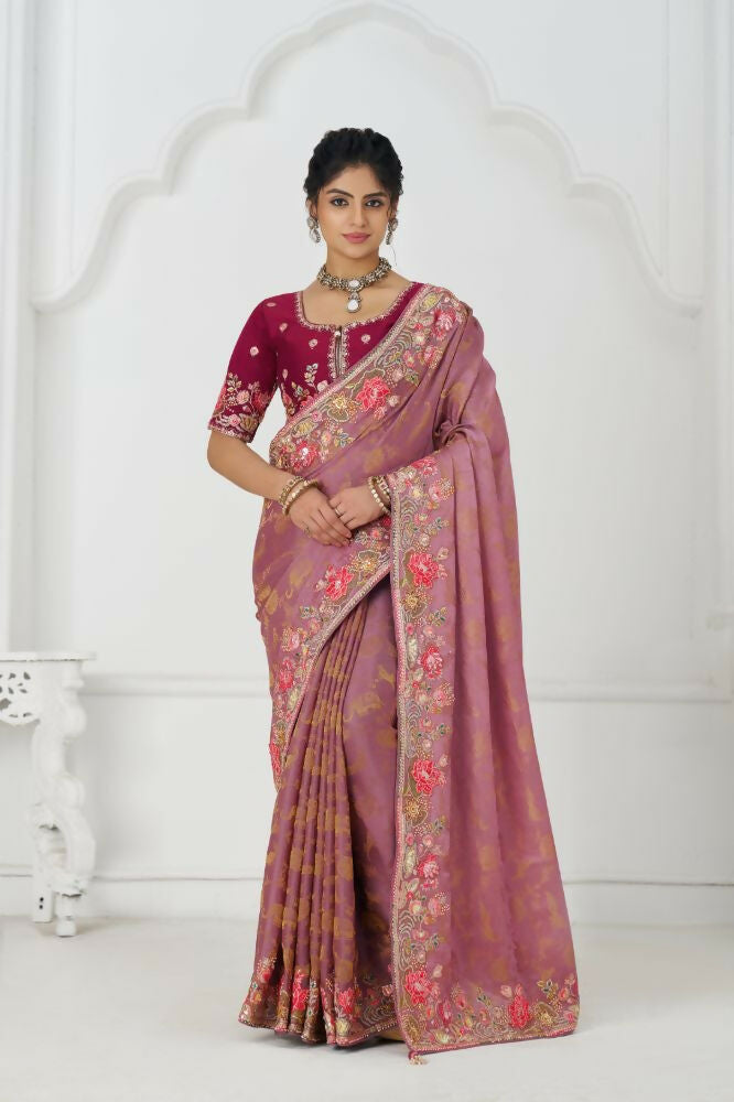 Kesar Fab Threaded Blossoms: Pink With Colorful Floral Embroidery Saree | Grocsy