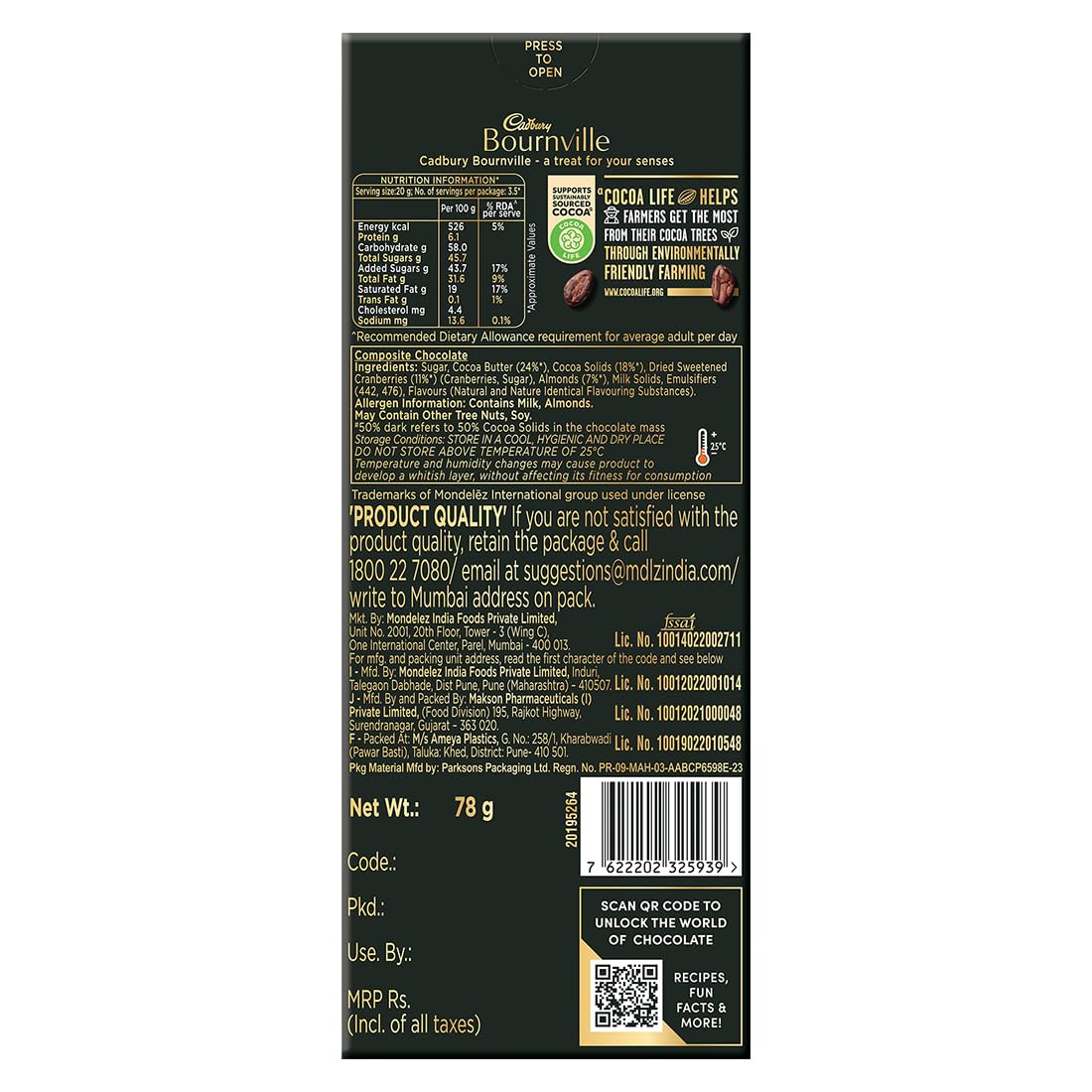 Cadbury Bournville Cranberry Dark Chocolate Bar | Grocsy