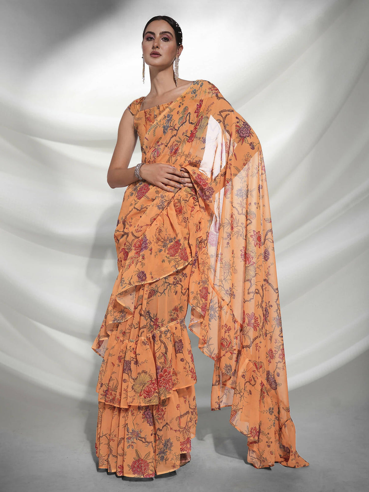 Orange Georgette Floral Printed Saree With Unstitched Blouse Piece - Rajal | Grocsy