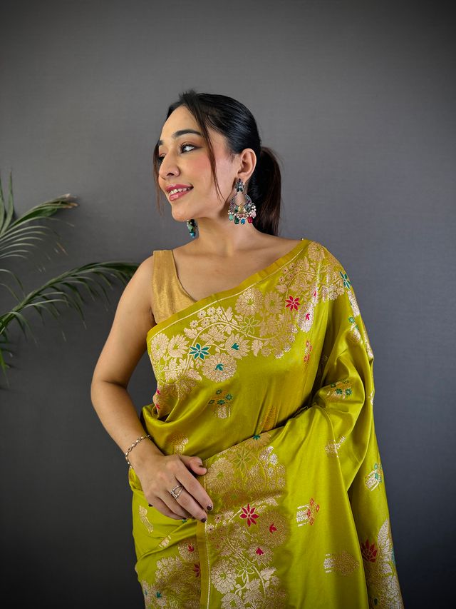 Elora Lime Green Soft Silk Floral Zari Weaving Meenakari Saree With Floral Border | Grocsy