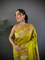 Elora Lime Green Soft Silk Floral Zari Weaving Meenakari Saree With Floral Border | Grocsy