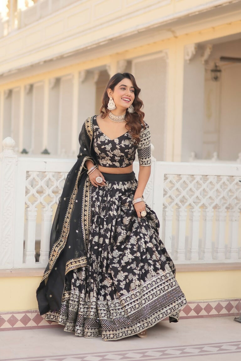 Vastranavya Designer Dyeable Pure Viscose Jacquard Fabric Lehenga Choli & Dupatta Set - Black | Grocsy