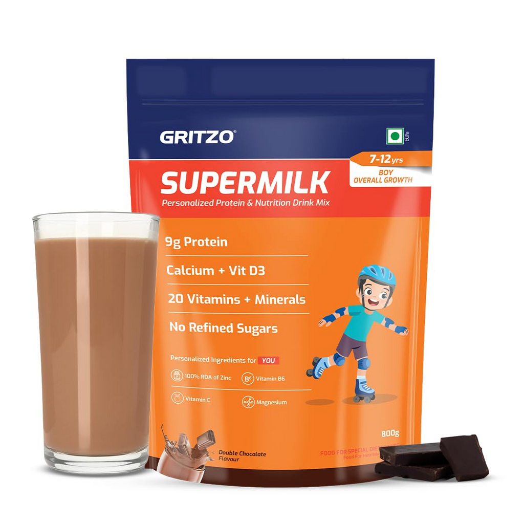 Gritzo SuperMilk Overall Growth (7-12y Boys), 9g Protein (Double Chocolate, Zero Refined Sugar, 20 Vitamins & Minerals | Grocsy