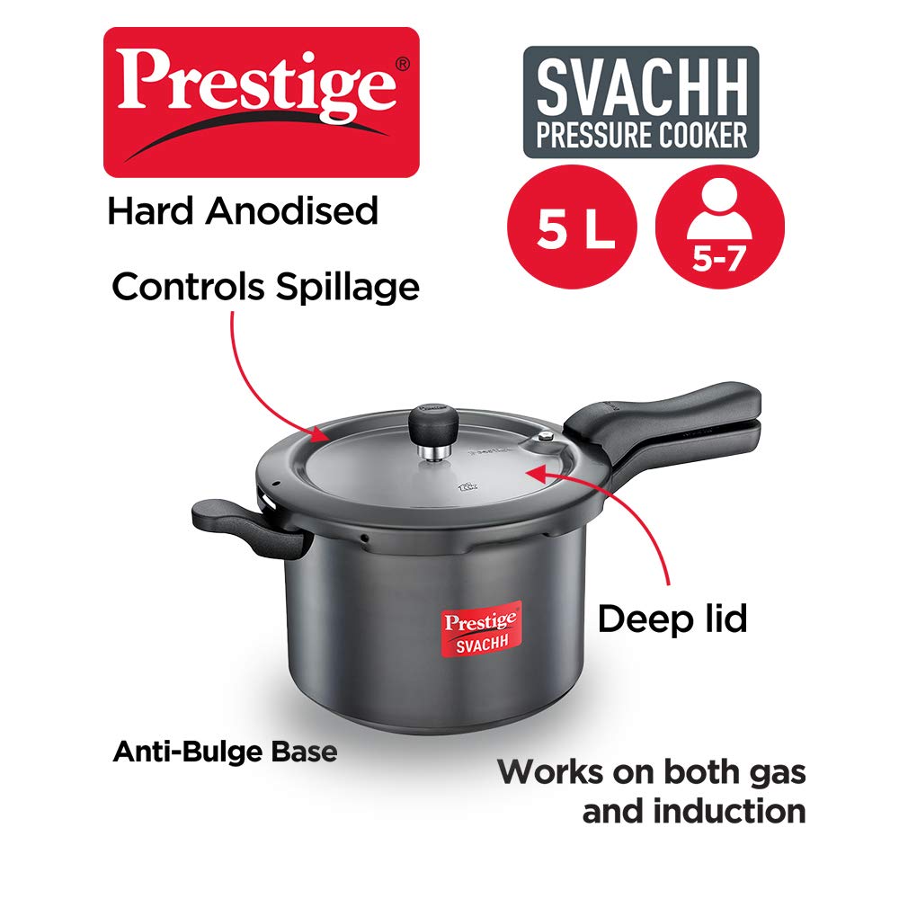 Prestige Deluxe Plus Hard Anodized Outer Lid Pressure Cooker, 5 Litres, Black | Grocsy