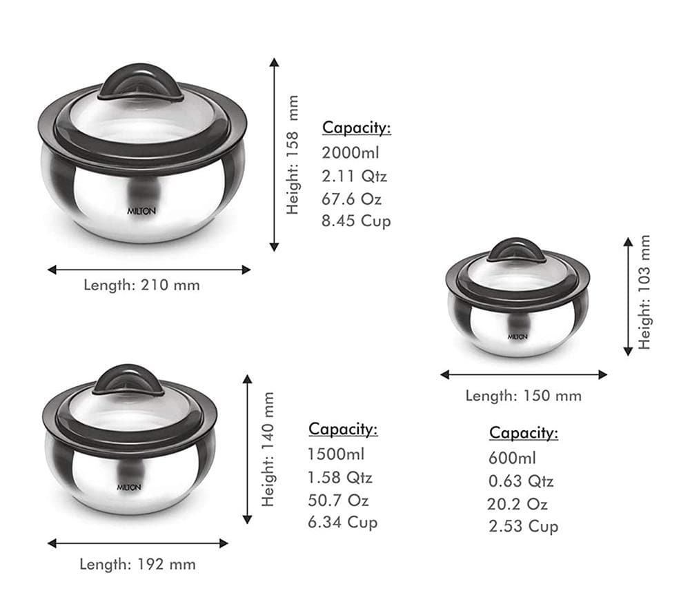Milton Stainless Steel Casserole with Glass Lid - Set of 3 | Grocsy