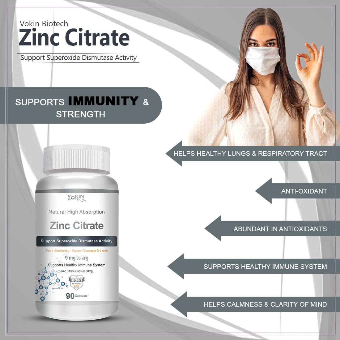 Vokin Biotech Zinc Citrate Supports Healthy Immune system Capsules | Grocsy