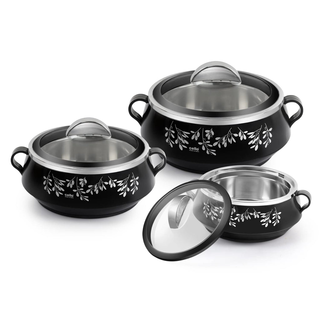 CELLO Glitter Casserole with Inner Steel 3 Unit, Black | Grocsy