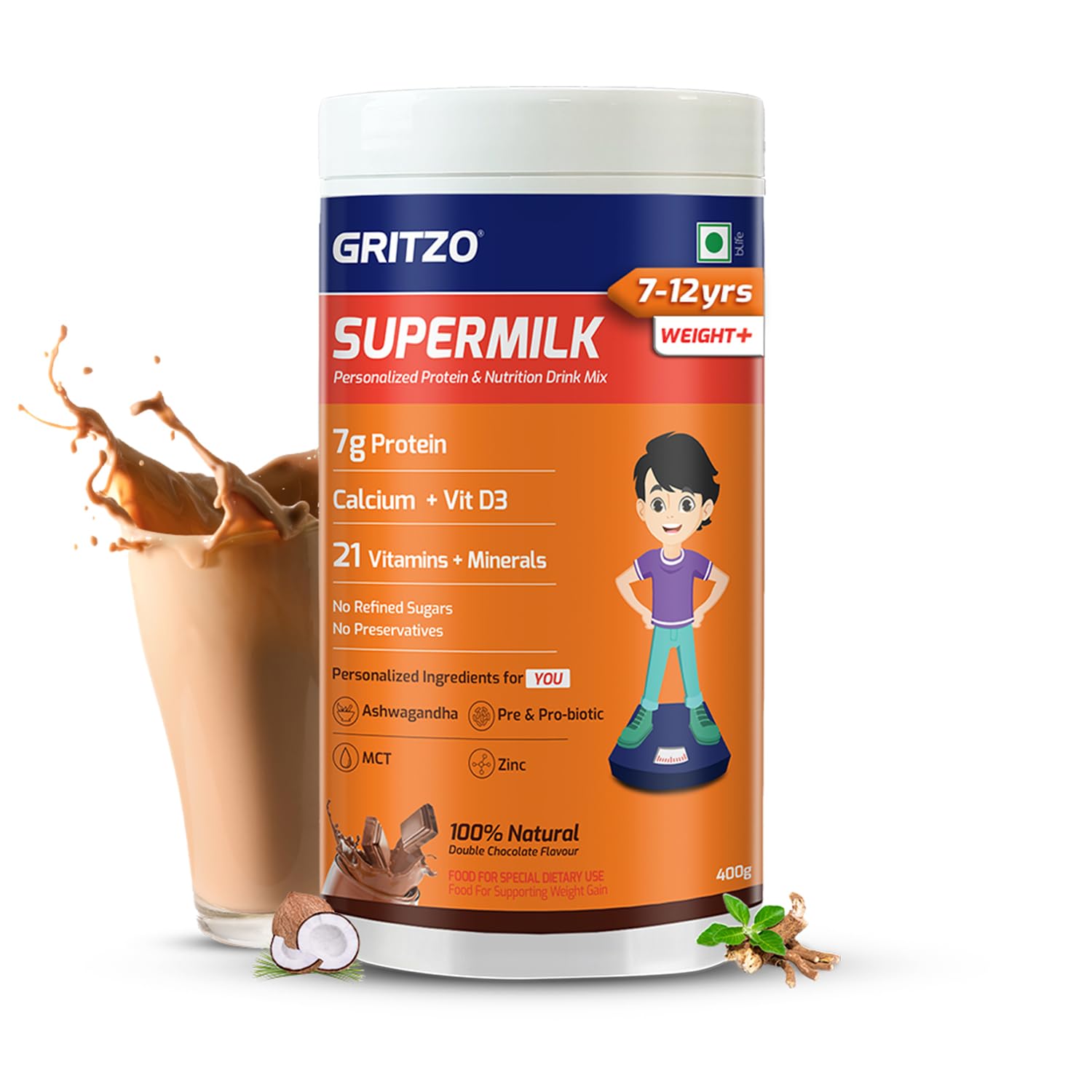 Gritzo Supermilk Weight+ for Boy/Girl 7 to 12 years (Double Chocolate) | Grocsy