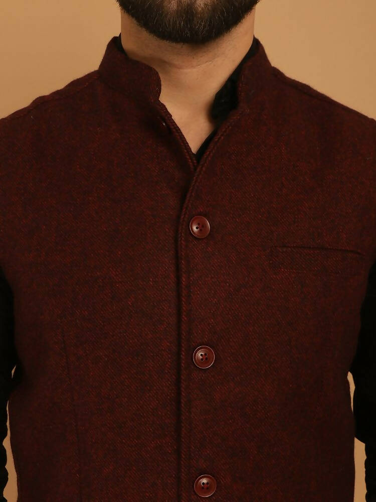 Even Apparels Pure Wool Nehru Jacket - Maroon | Grocsy