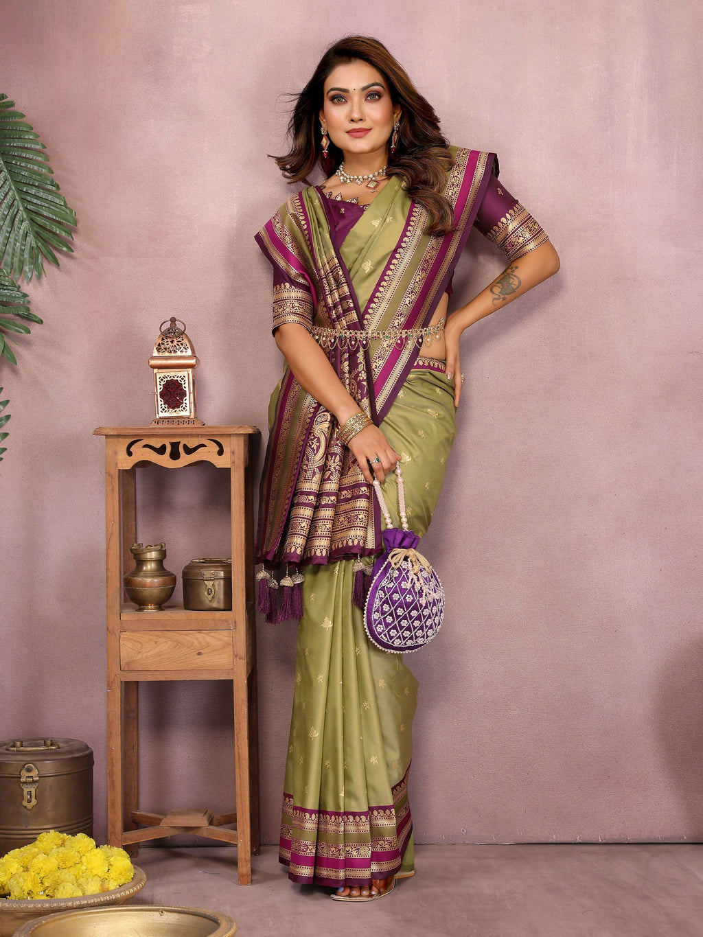 Aastha Fashion Mehndi Kalamkari Silk Weaving Saree | Grocsy