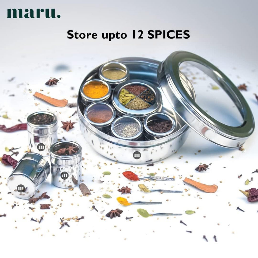 MARU Steel 12-in-1 Spice Box For Kitchen, Durable Masala Dani with Middle Partition Container | Grocsy