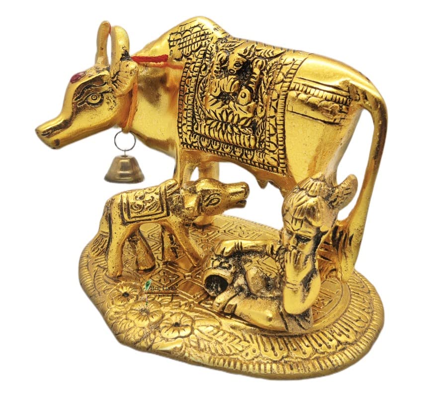 BRIJ HAAT Kamdhenu Cow and Calf Metal Showpiece for Home Decoration and Decorative Gift Item @17cm Gold | Grocsy