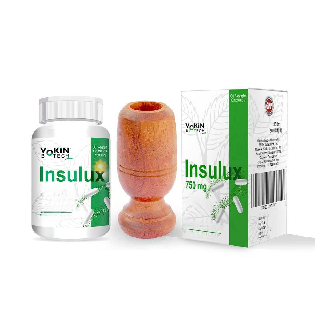 Vokin Biotech Herbal Insulux Capsules with Vijaysar Glass Natural Herbal Tumbler | Grocsy
