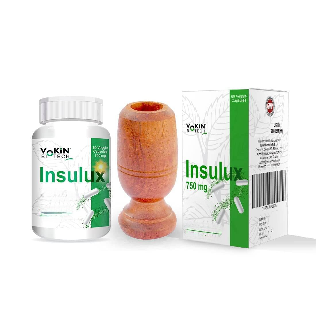 Vokin Biotech Herbal Insulux Capsules with Vijaysar Glass Natural Herbal Tumbler | Grocsy