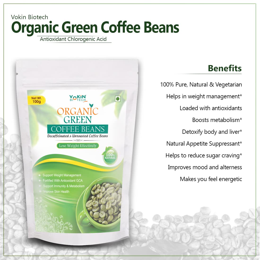 Vokin Biotech Organic Green Coffee Beans Decaffeinated & Unroasted Arabica Coffee For Weight Management | Grocsy
