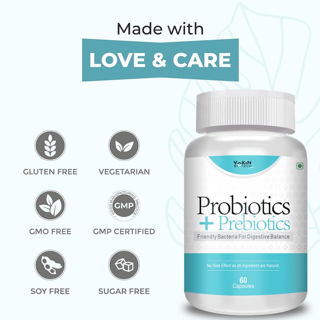 Vokin Biotech Probiotics+ Prebiotics Supplement 50 Billion Cfu For Women & Men With Prebiotics 150 mg | Probiotic Capsules For Digestion Support, Gut Health And Immunity | Grocsy