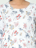 Manet Three Fourth Maternity Dress Floral Print With Concealed Zipper Nursing Access - White | Grocsy