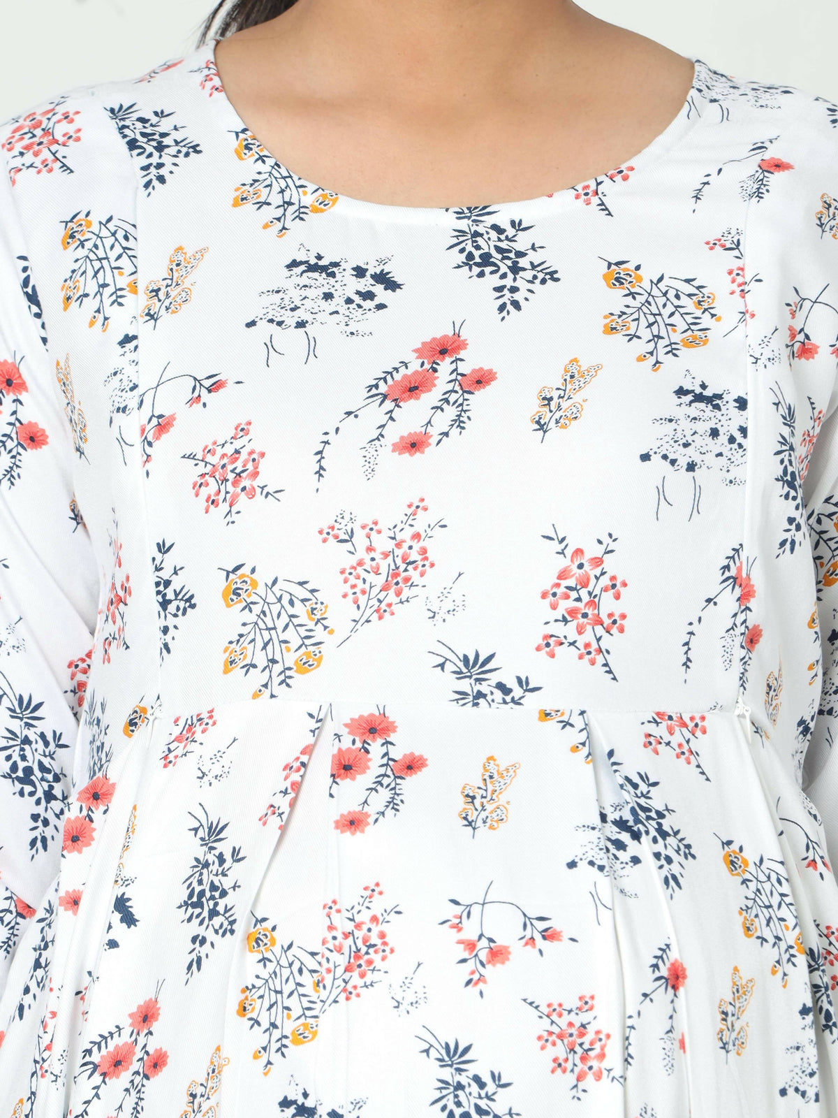Manet Three Fourth Maternity Dress Floral Print With Concealed Zipper Nursing Access - White | Grocsy