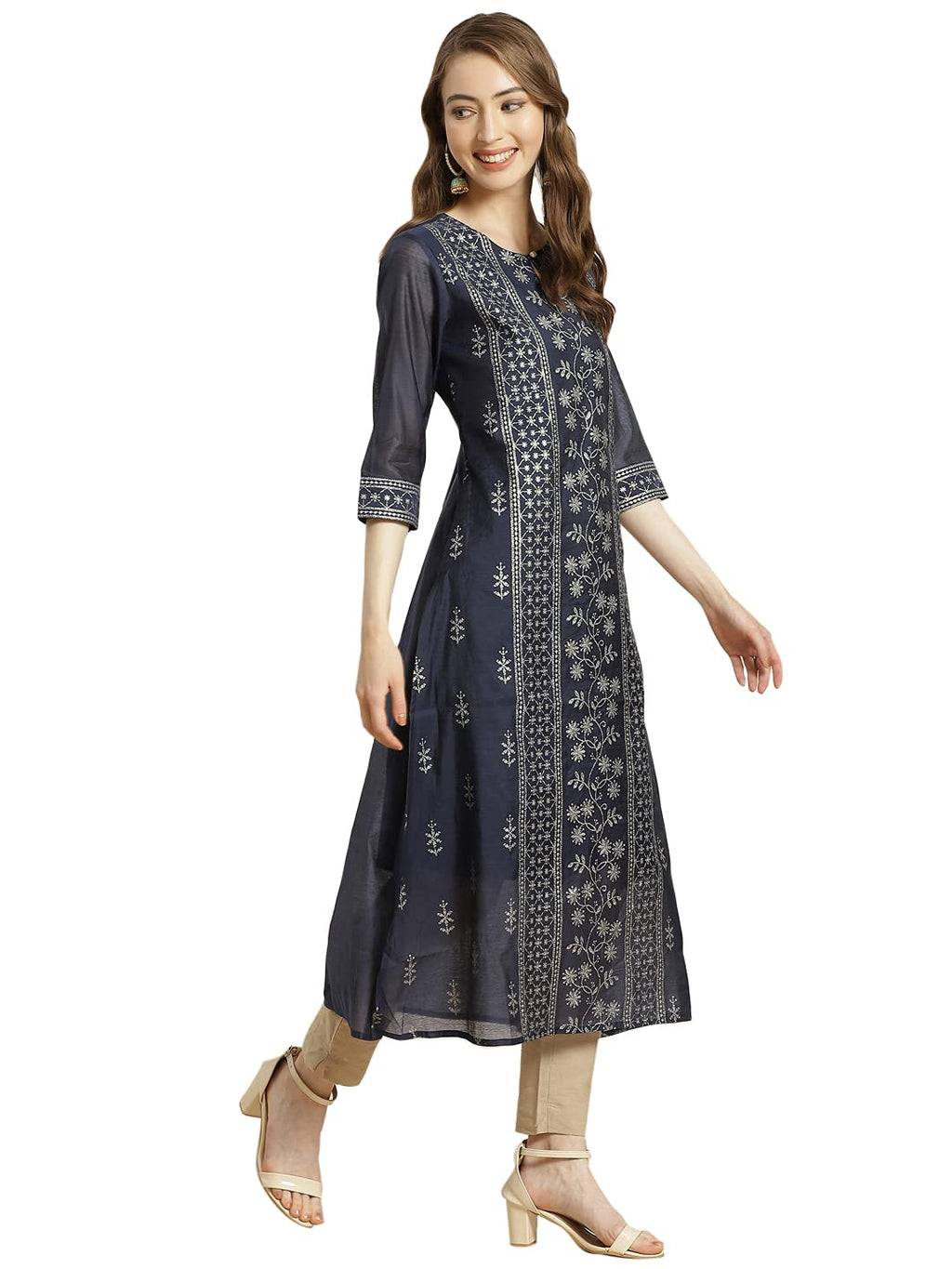 Juniper Women's Indigo Floral Printed Chanderi A-Line Kurta | Grocsy