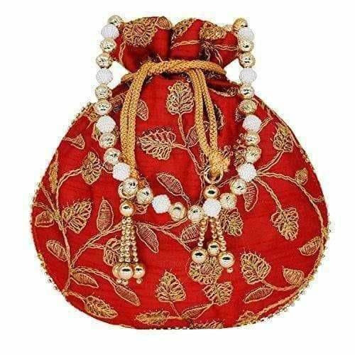 Ethnic Silk Potli bag Clutch Batwa Pouch with Embroidery and Metal Bead work Gift For Women | Grocsy