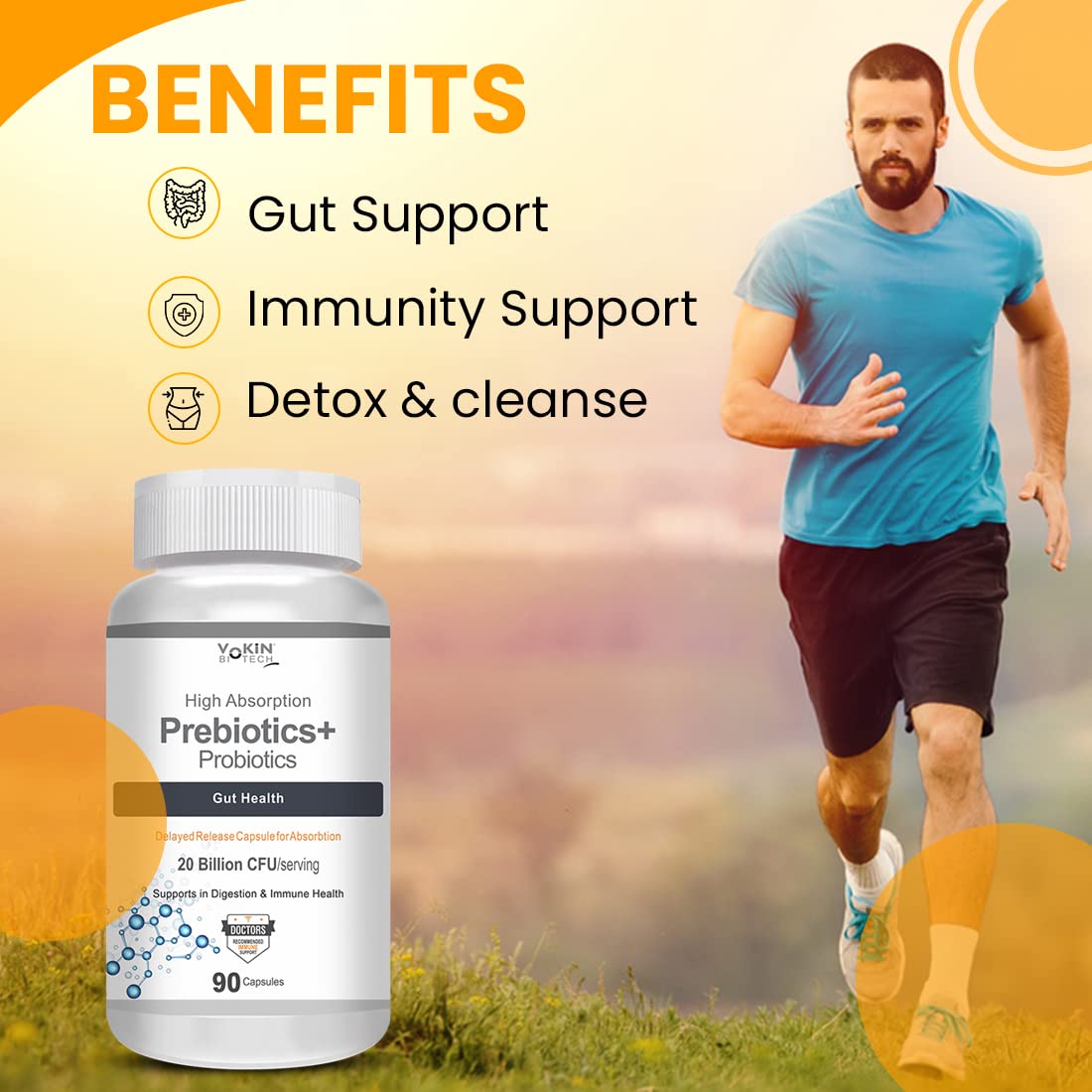 Vokin Biotech Prebiotics + Probiotics 20 Billion Cfu Supplement with Delayed-Release Capsules for Temperature Stable, Digestion and Immune Health | Grocsy