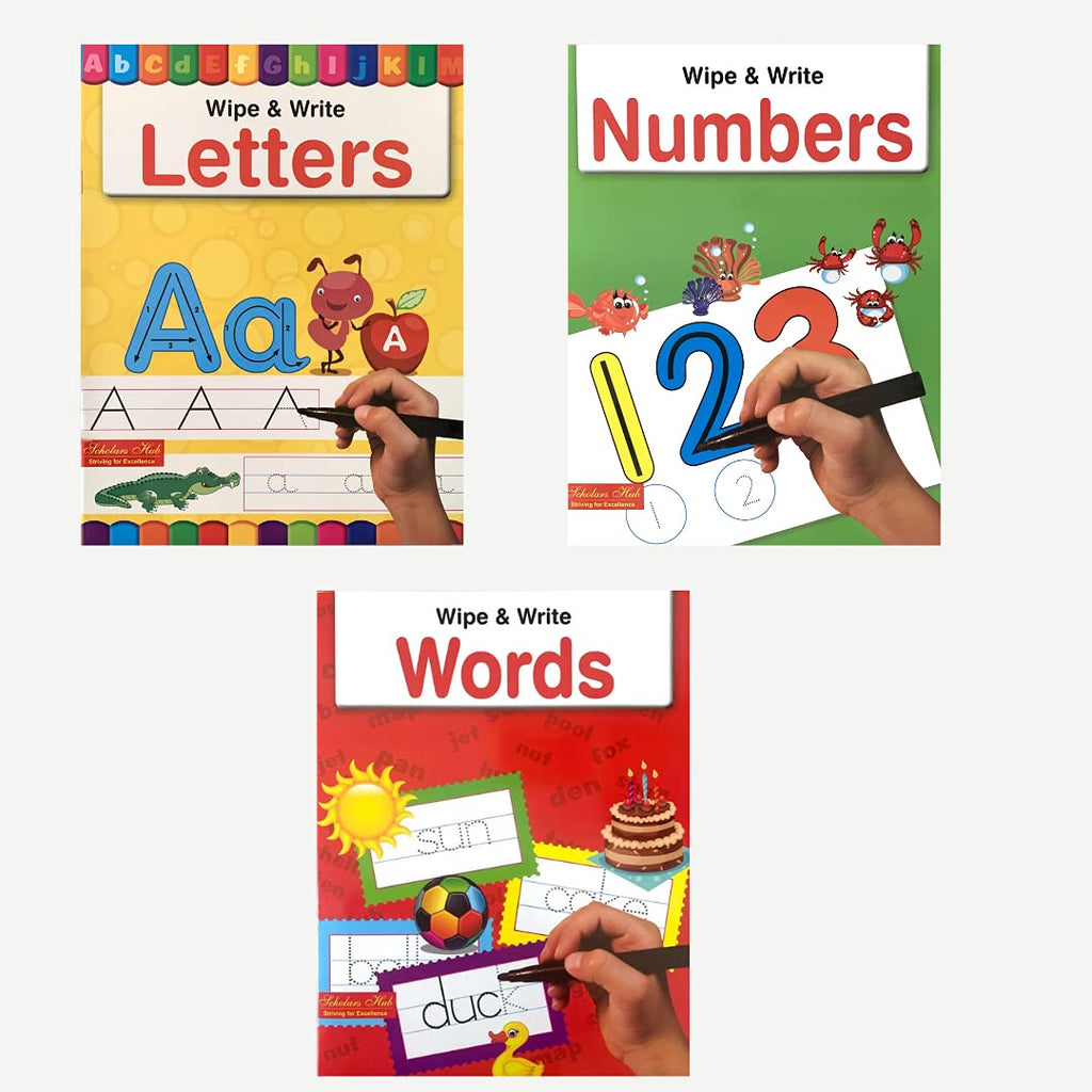 Scholars Hub Reusable And Washable Wipe And Clean Books For Kids (Set Of 3 Books) : Alphabet, Numbers & Words | 48 Pages | Writing Books | Helps Child To Write, Wipe And Write Again. | Grocsy