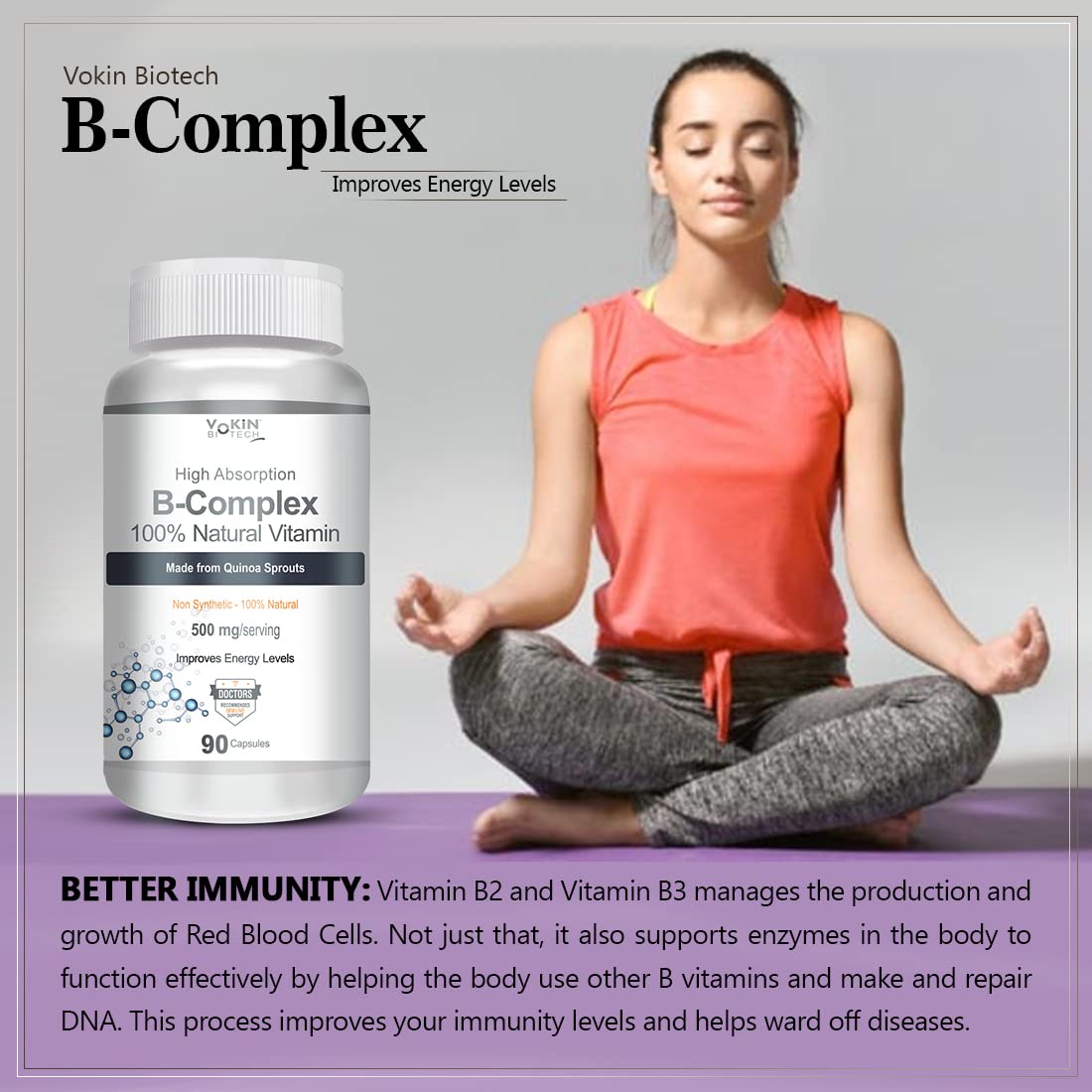 Vokin Biotech 100% Natural Vitamin B-Complex Capsules | Grocsy