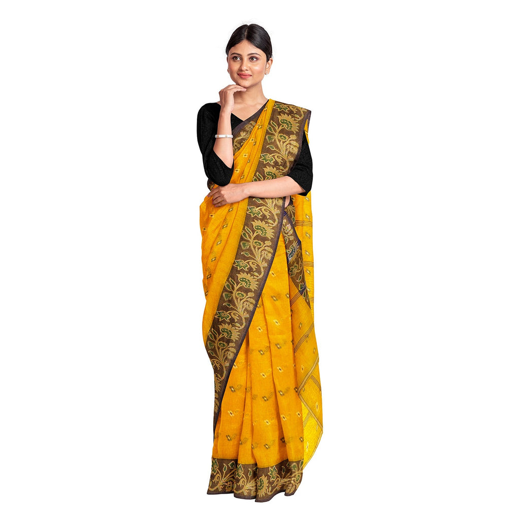 Exclusive Collection 100% Pure Cotton Yellow Tant Saree With Hand Weaving Work | Grocsy