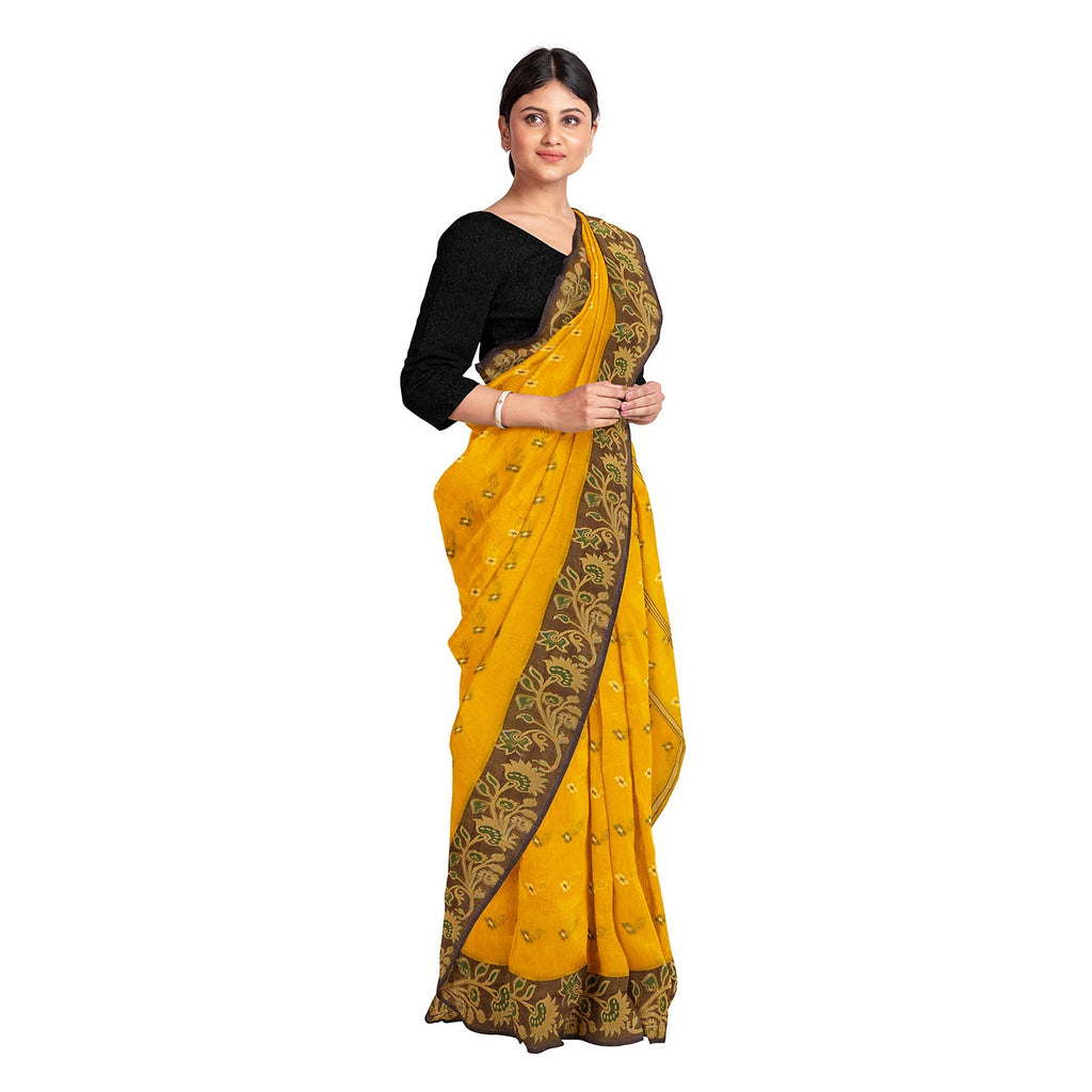 Exclusive Collection 100% Pure Cotton Yellow Tant Saree With Hand Weaving Work | Grocsy