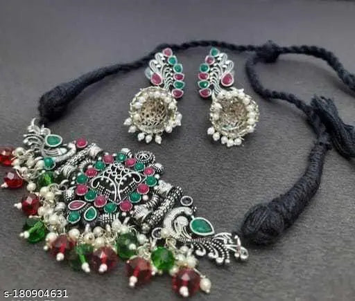 Tehzeeb Creations Women's Oxidised Multi Colour Meenakari Necklace Set | Grocsy