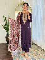 The52 Women's Rayon Embroidery work Straight Kurta with Pant and Dupatta Set | Grocsy