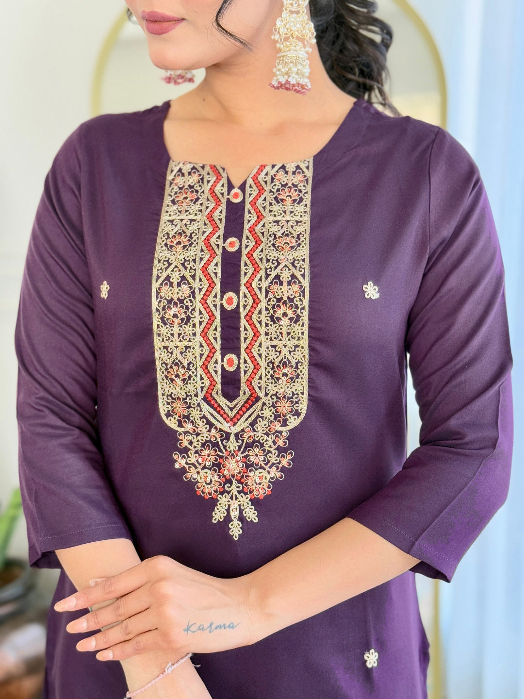 The52 Women's Rayon Embroidery work Straight Kurta with Pant and Dupatta Set | Grocsy