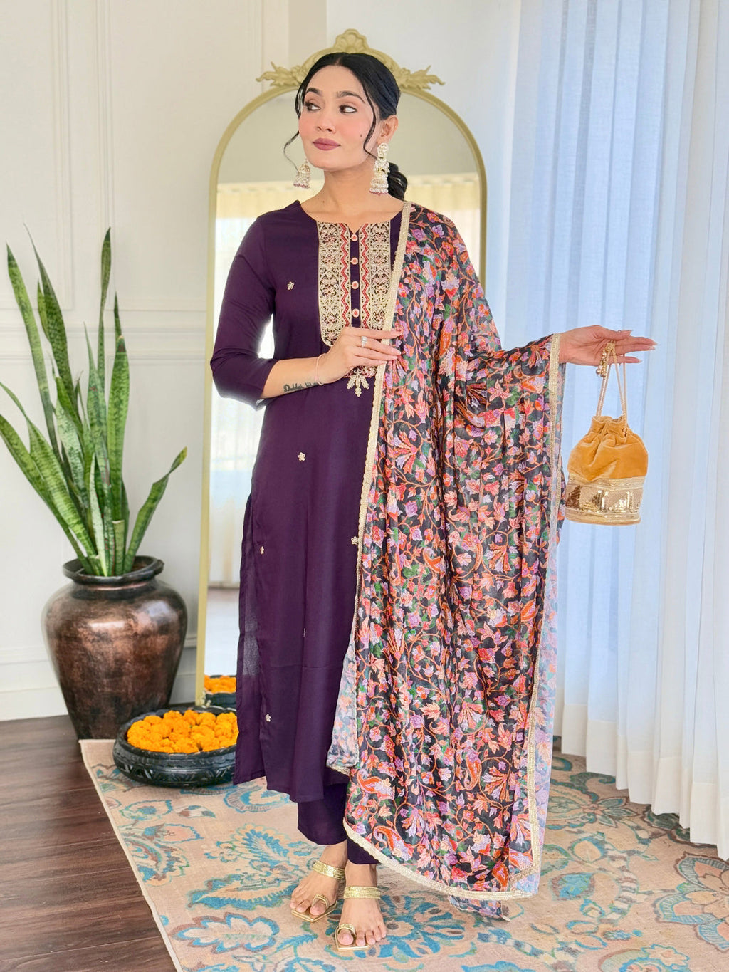 The52 Women's Rayon Embroidery work Straight Kurta with Pant and Dupatta Set | Grocsy