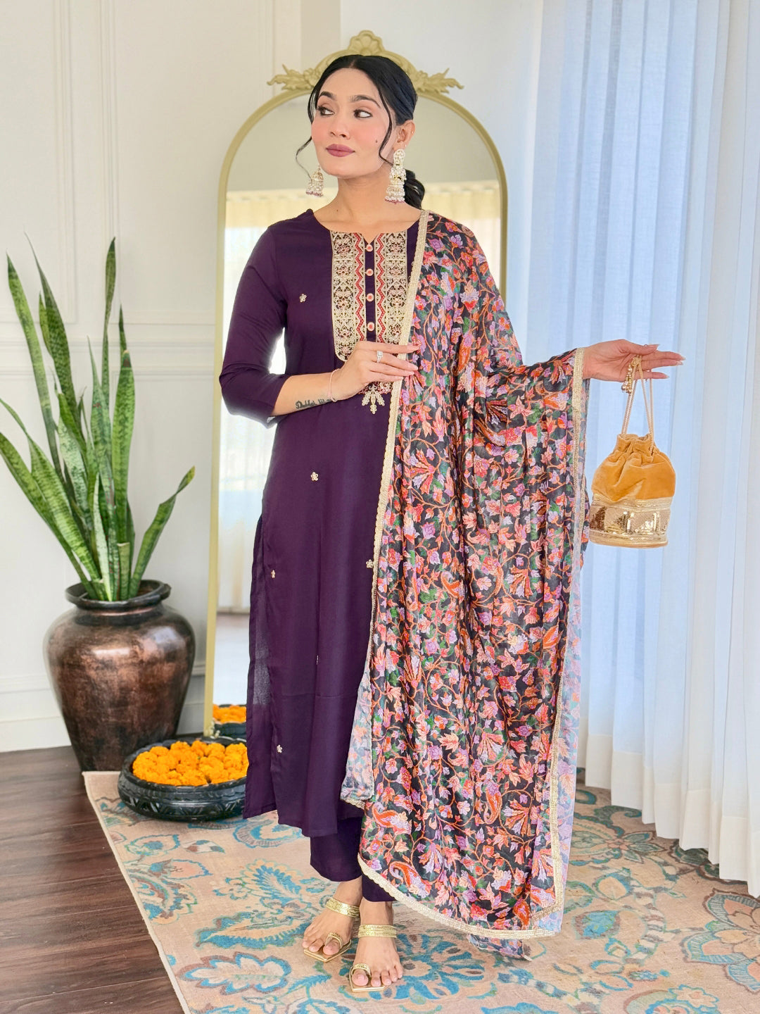The52 Women's Rayon Embroidery work Straight Kurta with Pant and Dupatta Set | Grocsy
