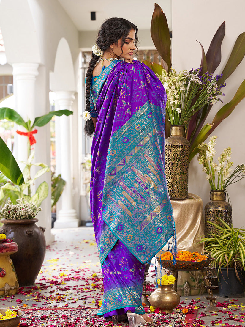 Monjolika Fashion Violet Soft Banarasi Silk Blend Saree with Contrast Blouse Piece | Grocsy