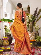 Monjolika Fashion Mustard Soft Banarasi Silk Blend Saree with Contrast Blouse Piece | Grocsy