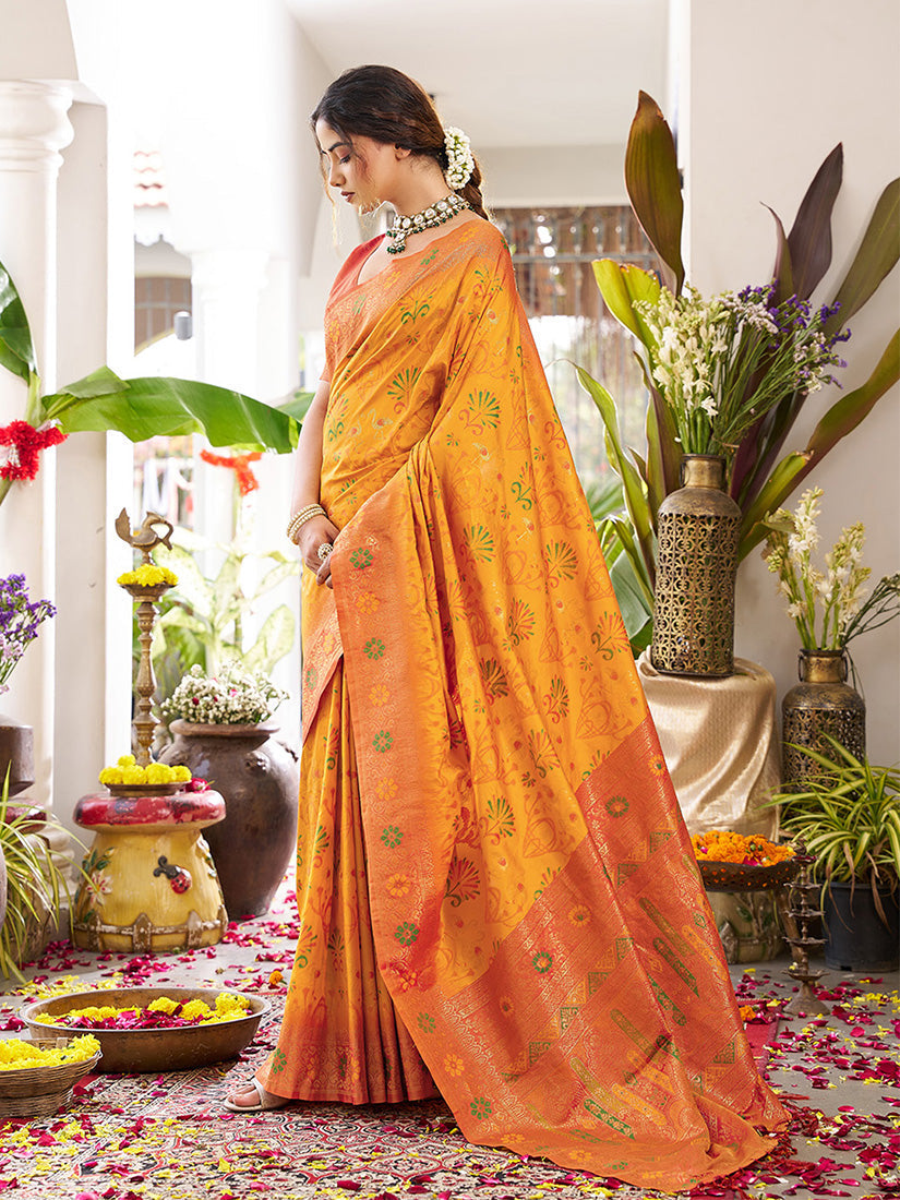 Monjolika Fashion Mustard Soft Banarasi Silk Blend Saree with Contrast Blouse Piece | Grocsy