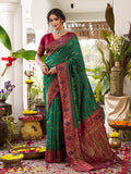 Monjolika Fashion Green Soft Banarasi Silk Blend Saree with Contrast Blouse Piece | Grocsy